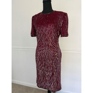 Vintage Laurence Kazar silk Sequin Dress Party Special Occasion Burgundy‎ Size M